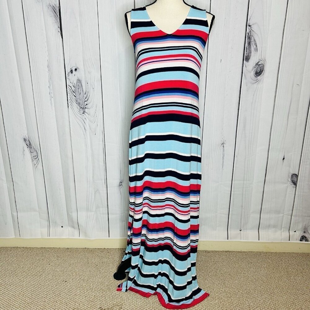 Tommy Bahama Womens Striped Maxi Tank Dress Sz M Colorful Sleeveless Rayon Knit